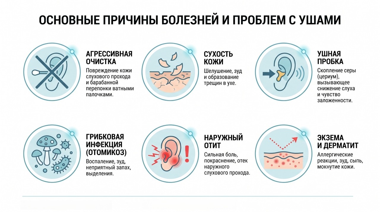 Инфографика: 6 причин зуда в ушах — ватные палочки, грибок, сухость, пробки, отит, аллергия