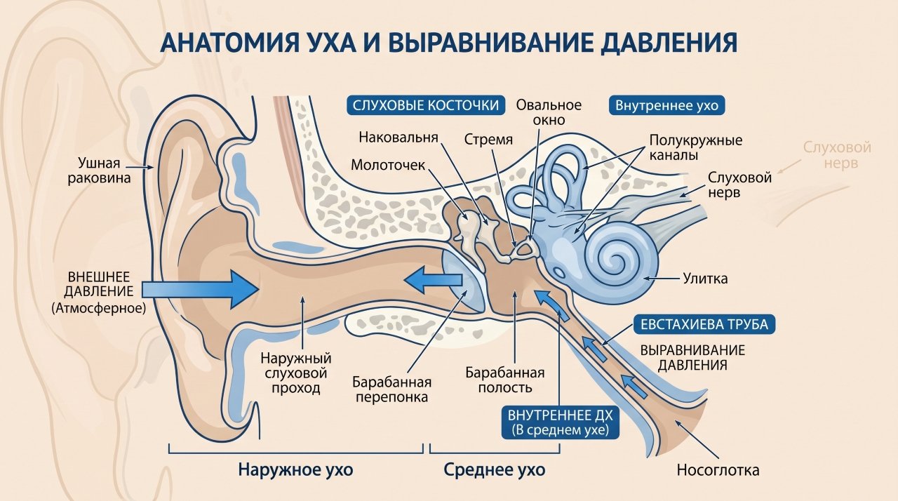 схема строения уха и механизм баротравмы барабанной перепонки
