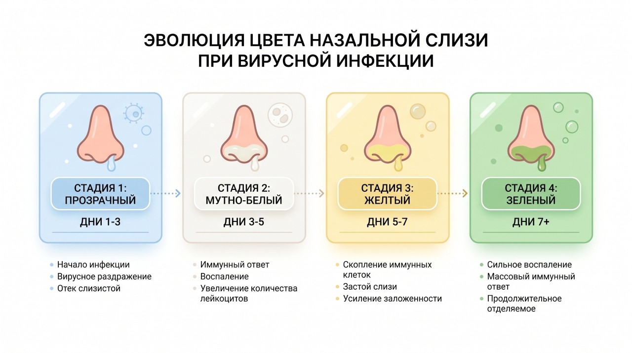 изменение цвета соплей у ребенка по дням при вирусной инфекции