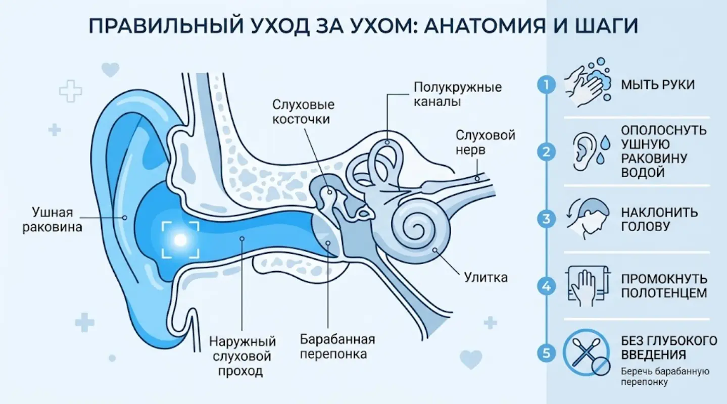 схема безопасной чистки ушей с этапами ухода за ушной раковиной
