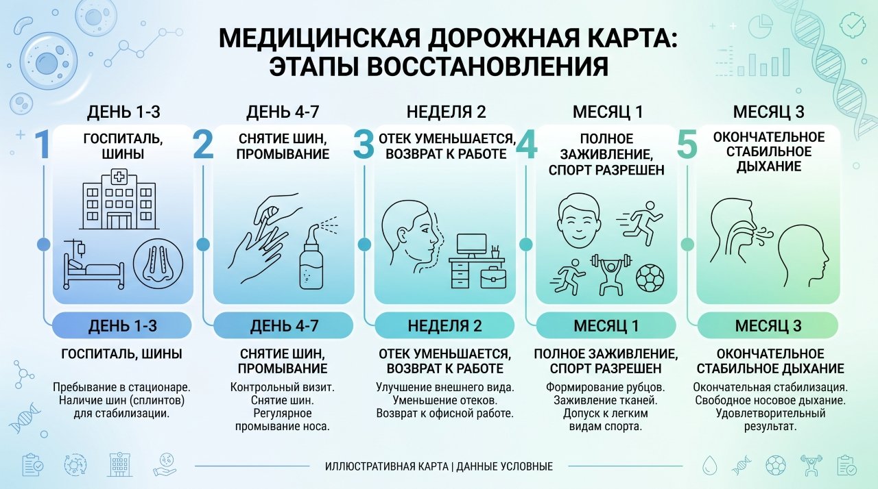 Инфографика этапов реабилитации после септопластики по дням и неделям