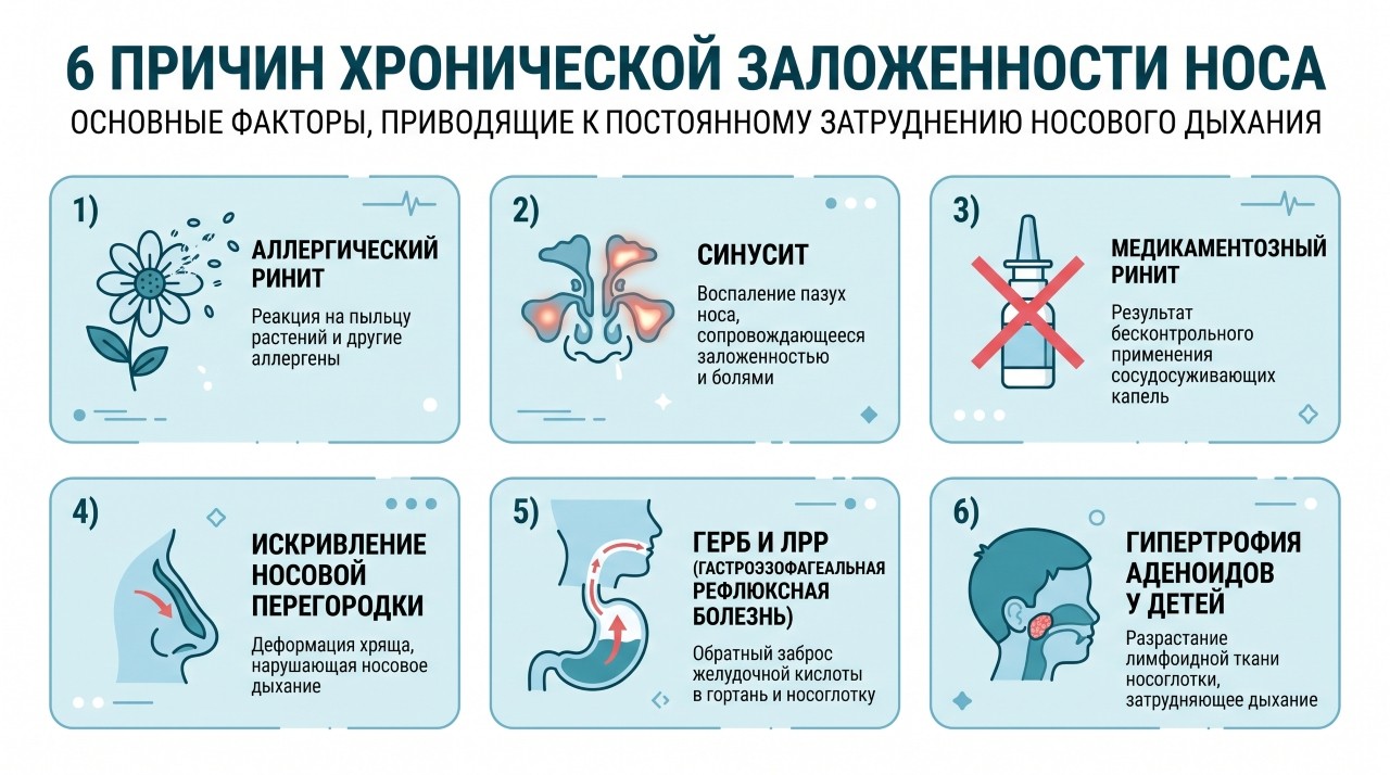 Инфографика причин постназального затека: аллергия, синусит, рефлюкс, аденоиды, капли