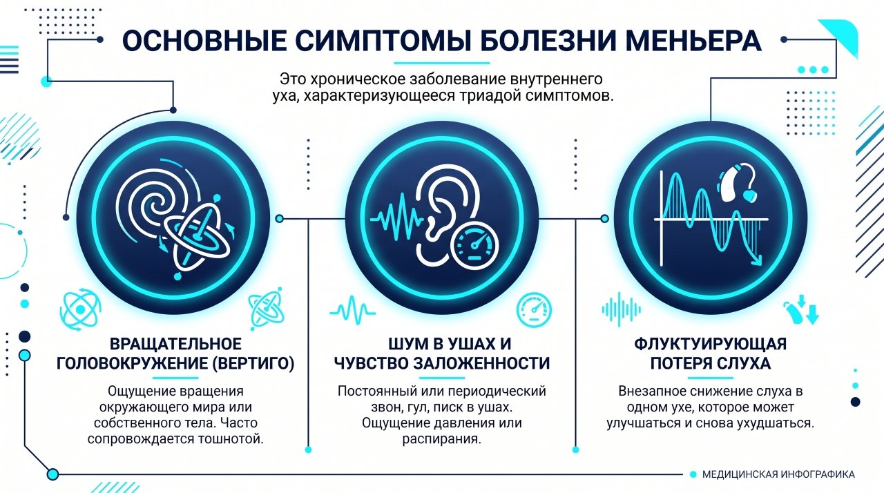 Инфографика: триада симптомов болезни Меньера — головокружение, шум в ухе, тугоухость