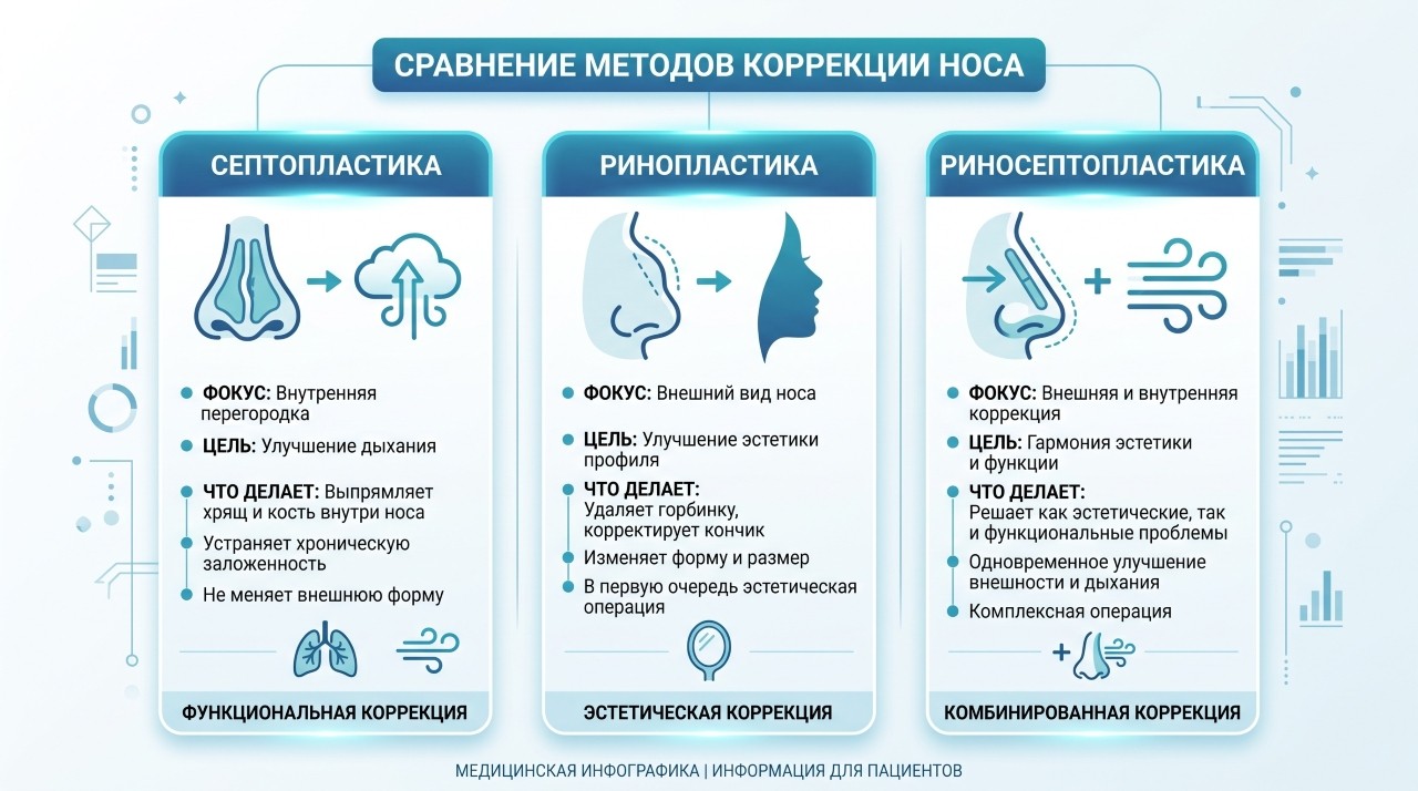 Сравнительная инфографика: отличия септопластики, ринопластики и риносептопластики