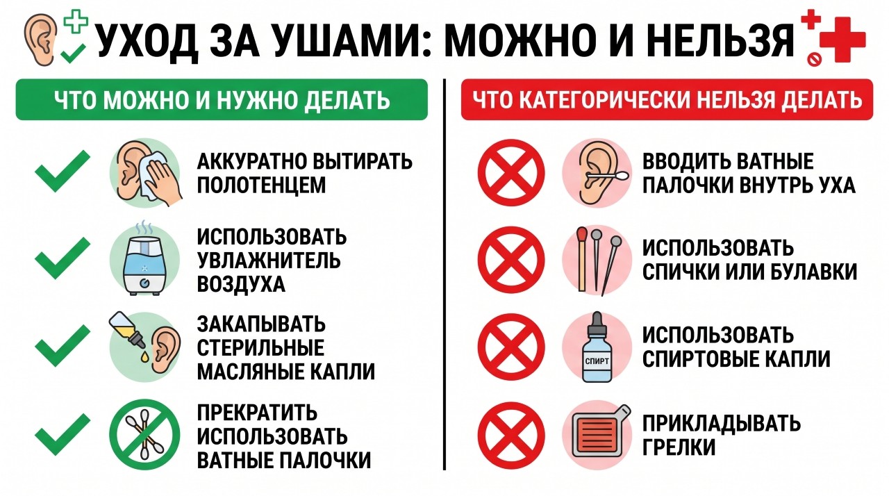 Сравнительная инфографика: правила помощи и опасные действия при зуде в ухе