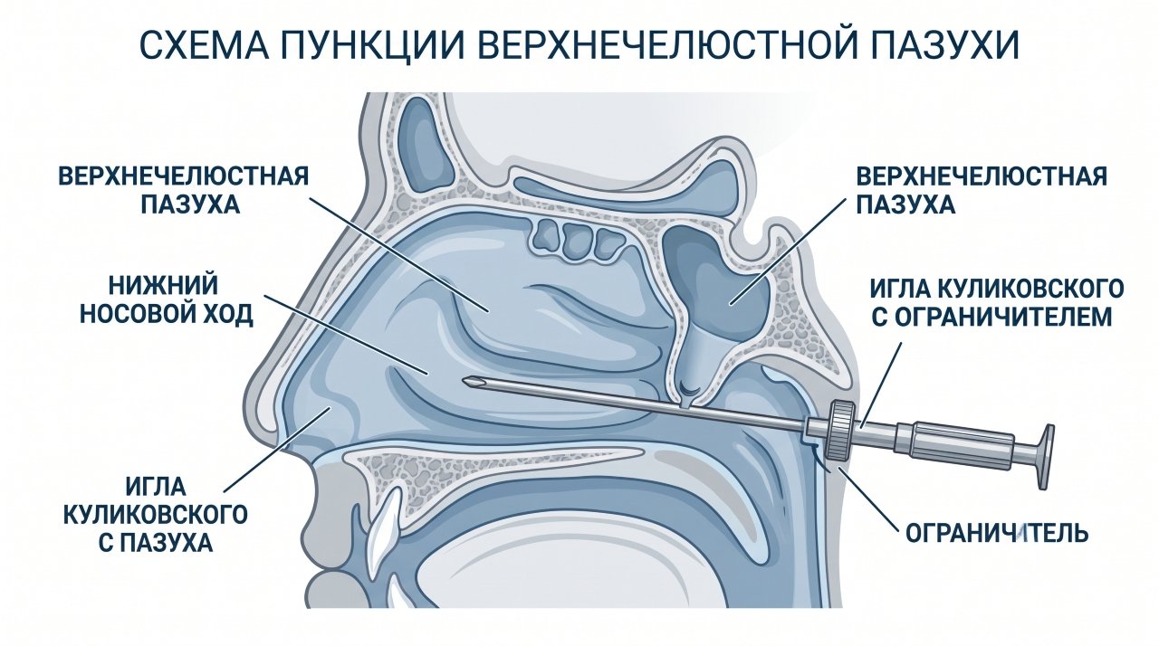 схема пункции верхнечелюстной пазухи через нижний носовой ход