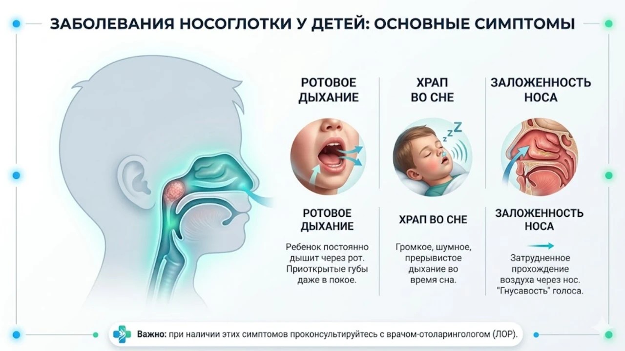 Главные симптомы аденоидов у детей: храп, заложенность носа и отиты