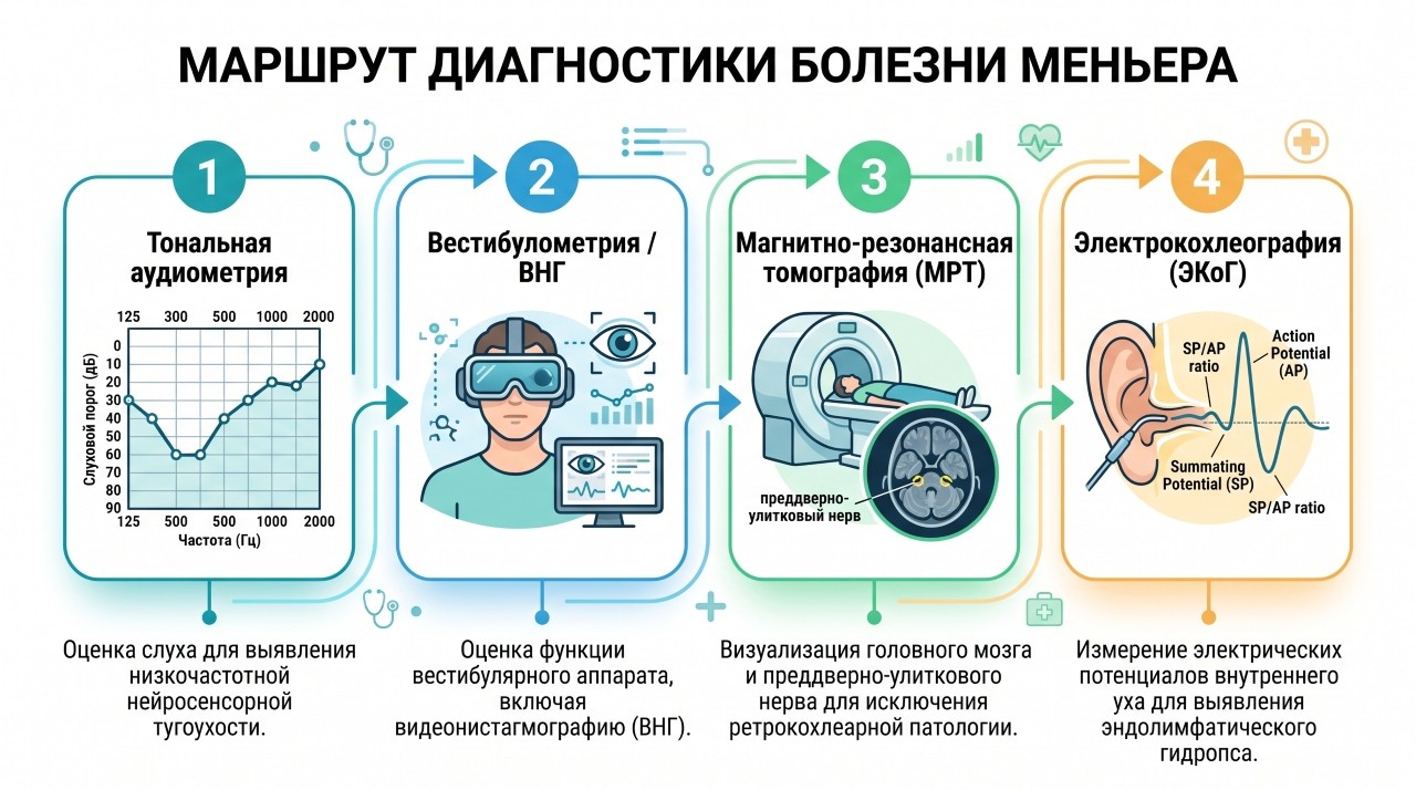 Схема комплексной диагностики болезни Меньера: аудиометрия, вестибулярные тесты, МРТ