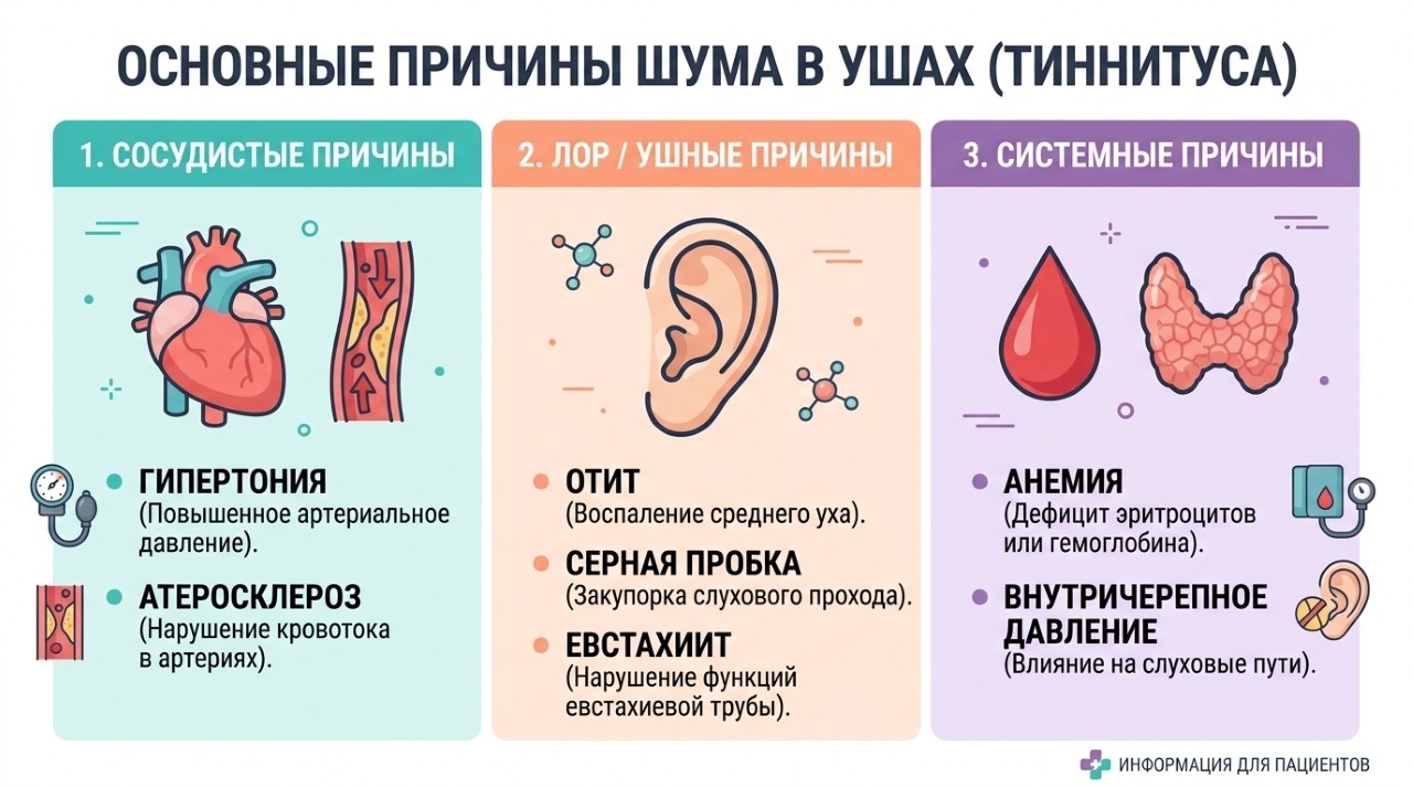 Инфографика: сосудистые, ЛОР-причины и системные факторы пульсирующего шума в ухе