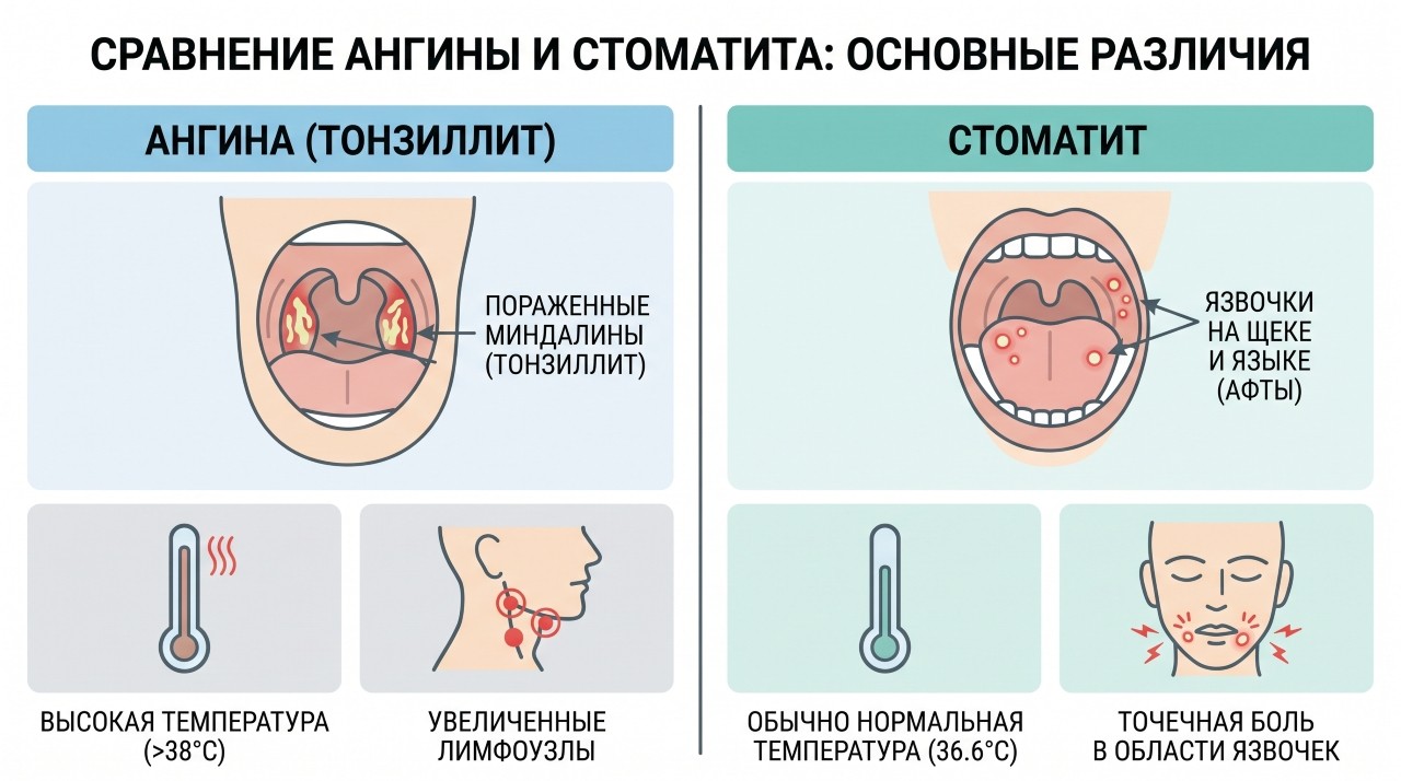 сравнение симптомов ангины и стоматита в инфографике