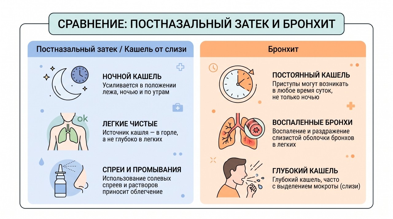 Инфографика сравнения симптомов кашля от соплей и бронхита у ребенка