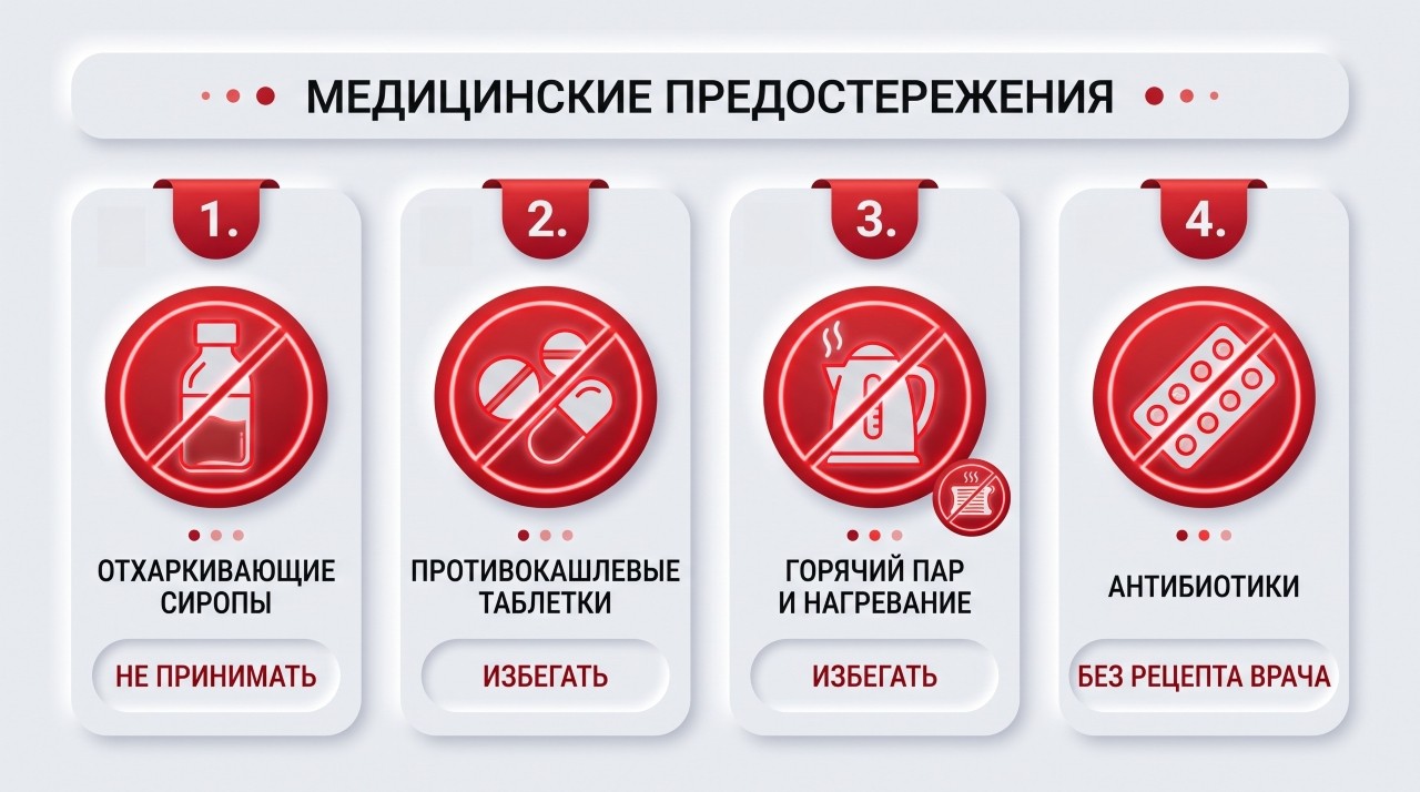 Инфографика ошибок в лечении: запрет на отхаркивающие сиропы, прогревания и противокашлевые препараты